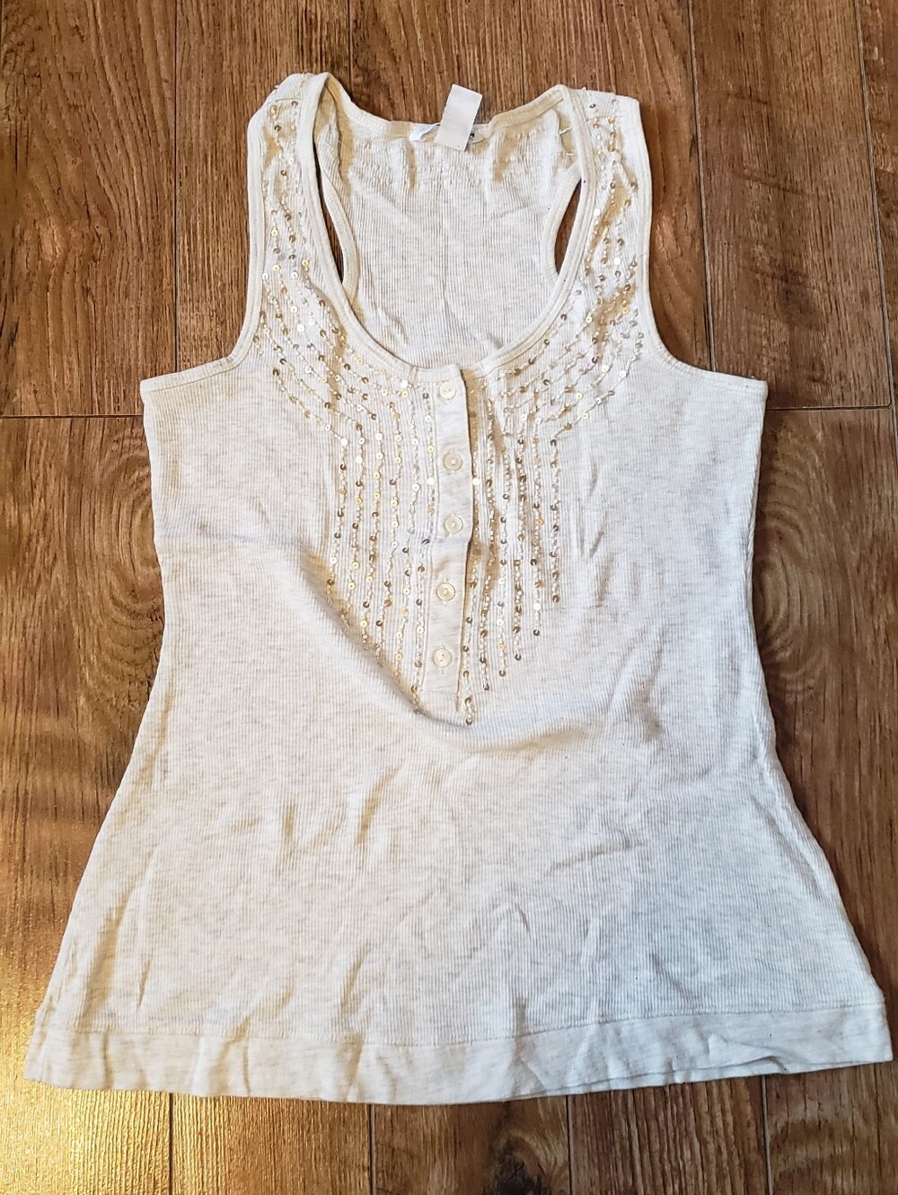 H&M White Ribbed Tank Top with Beaded Neckline